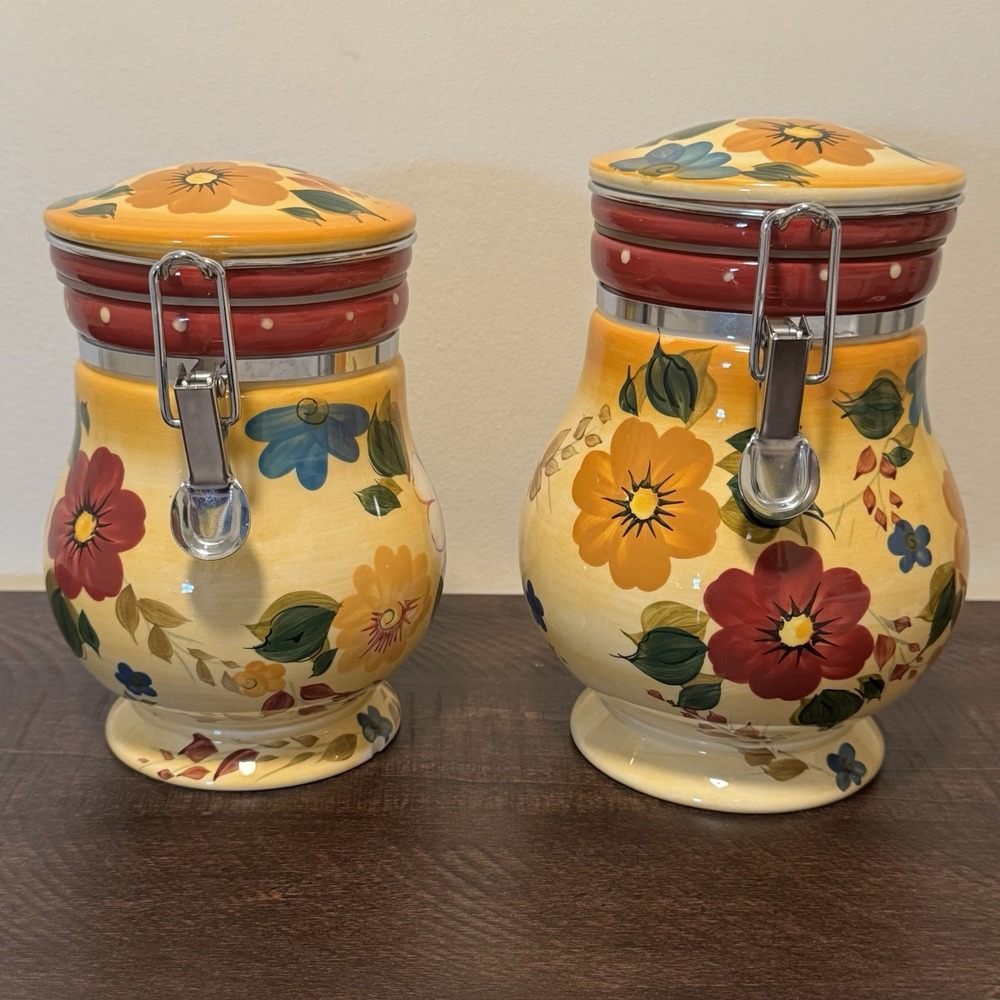 Vintage Oneida Sunset Bouquet Hand-Painted Ceramic Kitchen Canisters (2)